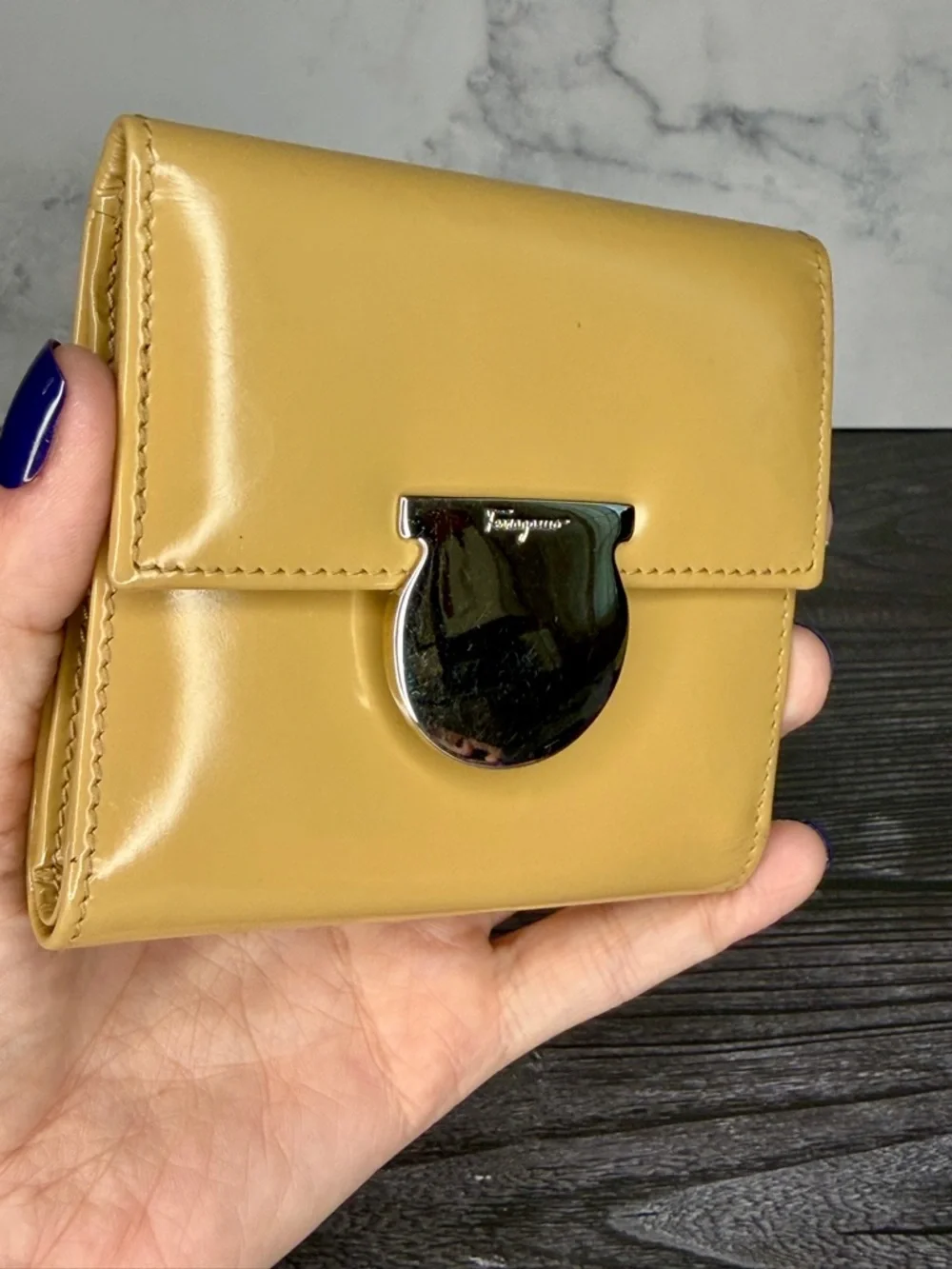 Salvatore Ferragamo Tan Patent Leather Gancini Trifold Wallet